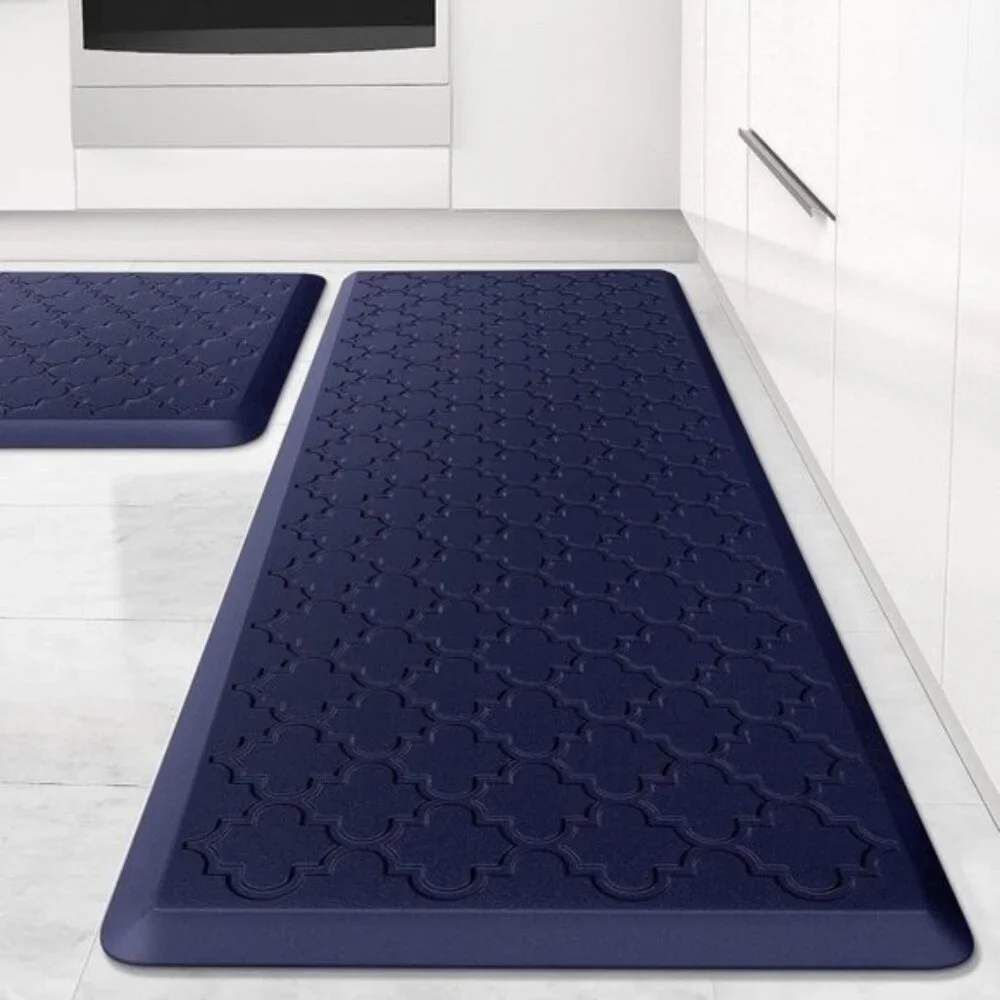 New Set of 2 Blue Kitchen Rugs, Cushioned Anti-Fatigue, Non-Skid Waterproof Rugs